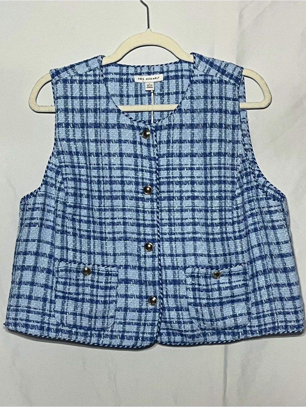 Free Assembly Women’s Large Blue Plaid Tweed Button Front Sleeveless Vest